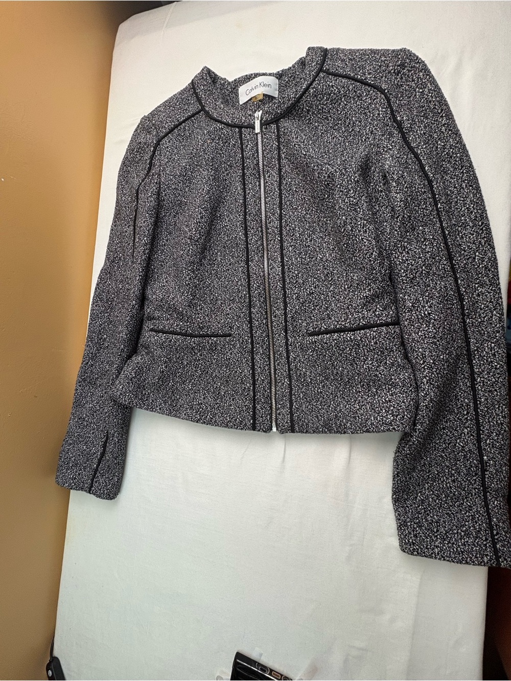 Calvin Klein Black & White Tweed Zip Jacket with Piping
